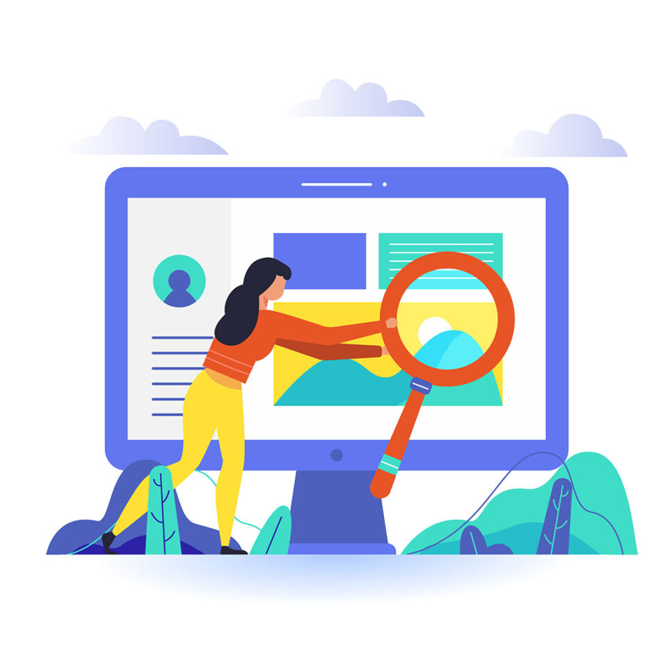 Illustrazione di SEO immagini con una donna con una lente di ingrandimento che cerca su un monitor
